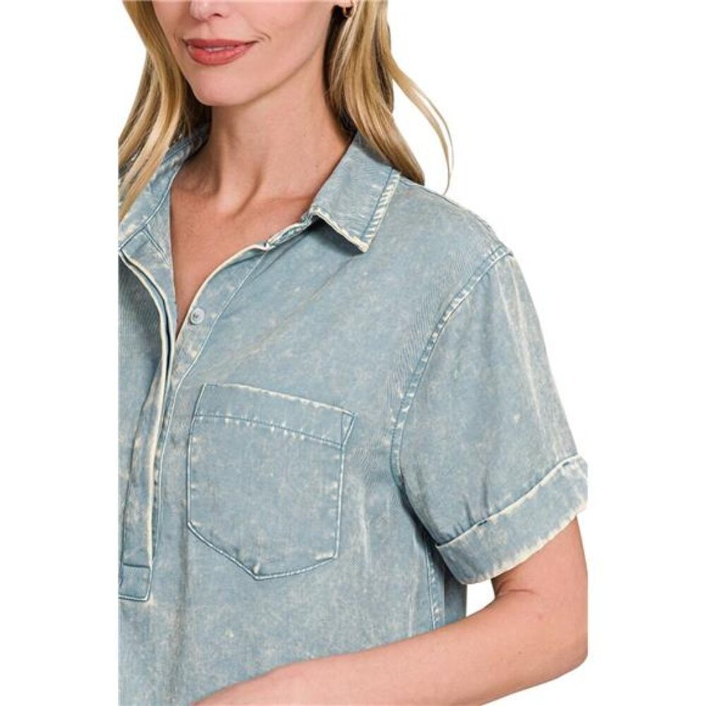 Zenana Tencel Mineral Washed Collared Shirts Dress - Picture 5 of 5